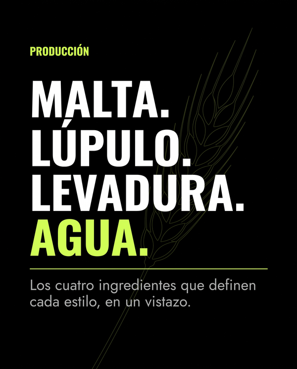 Malta, lúpulo, levadura, agua